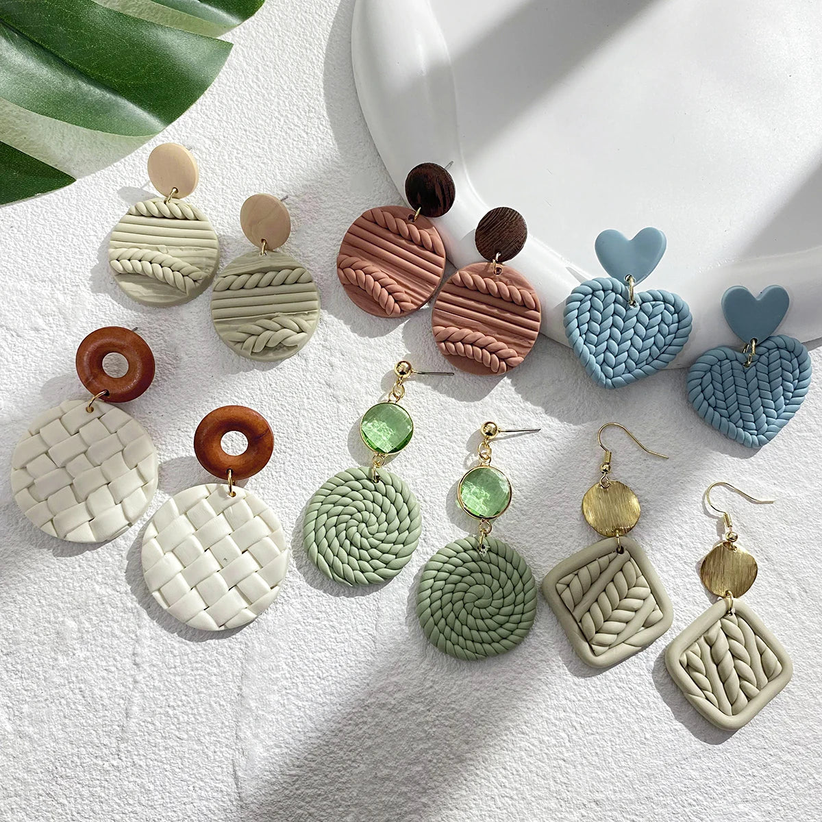 AENSOA Handmade Wooden Braided Polymer Clay Earrigns for Women Multicolor Unusual Knited Heart Geometric Drop Earrings Jewelry