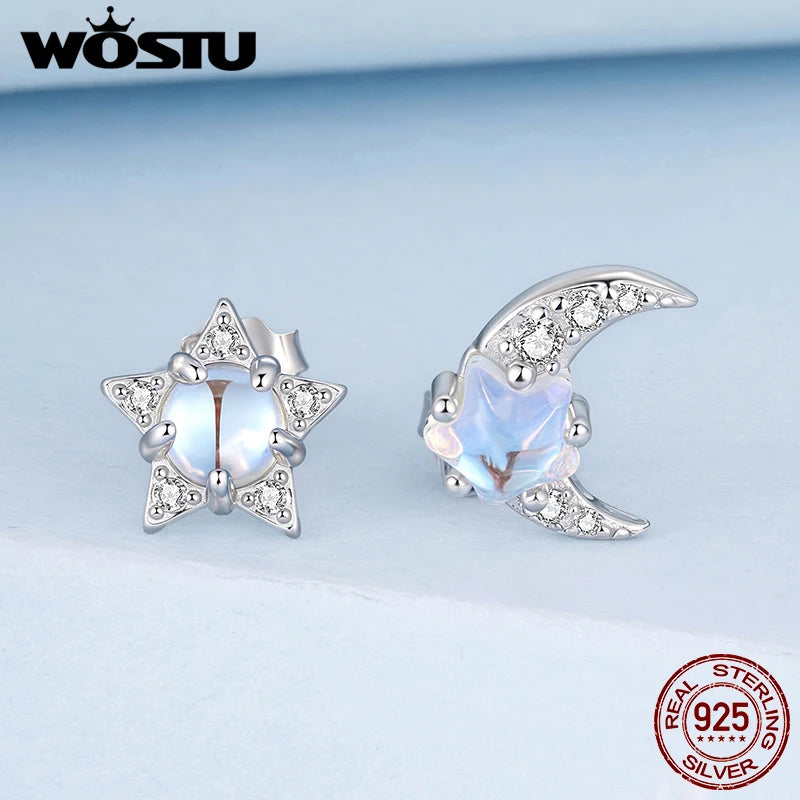 WOSTU 925 Sterling Silver Star and Moon Stud Earrings For Women, Cute Rainbow Moonstone Zircon Studs Party Daily Jewelry Gift