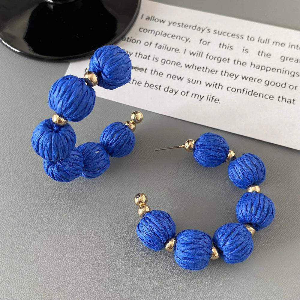 AENSOA Korean Navy Blue Round Tassel Hanging Earrings for Women Fashion Geometric Circle Pearl Drop Earrings Statement Jewelry