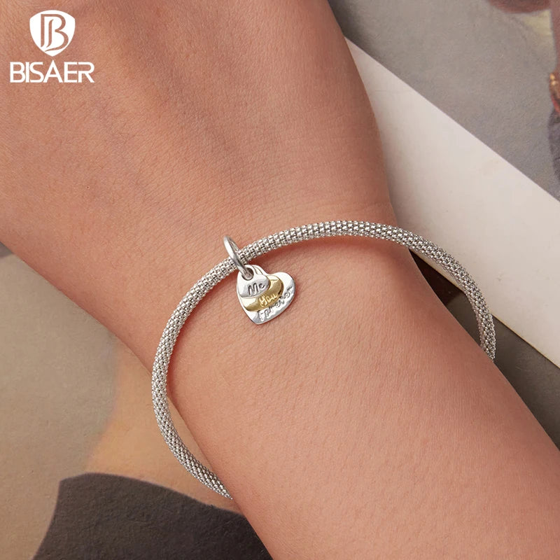 BISAER 925 Sterling Silver Eternal Love Charm Bead Two-tones Heart Pendant for Women DIY Bracelet & Neckalce Fine Jewelry Gift