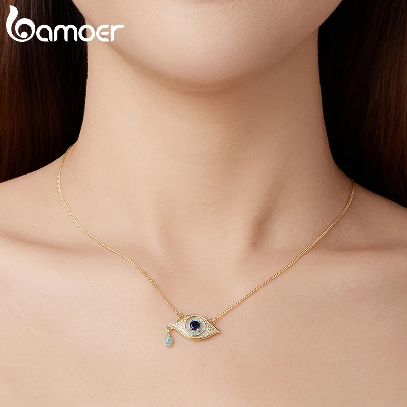 BAMOER 925 Sterling Silver Blue Devil's Eye Necklace Teardrop Bead Pendant Necklace for Women Lucky Guard Jewelry Gift