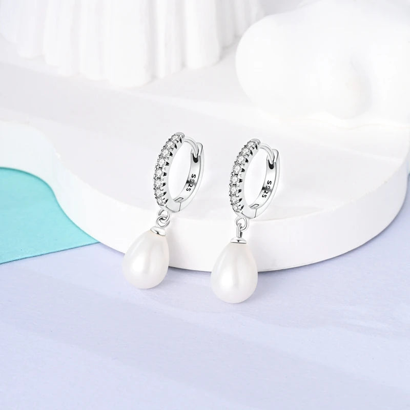 Classic Earrings 925 Silver Shining Pearl Hoop Earrings For Women Daily Wear Wedding Engagement Birthday Fine Party Jewelry Gift