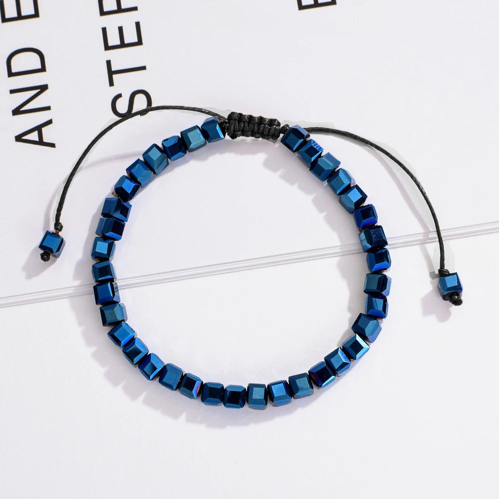 MKENDN Square Austrian Crystal Bead Bracelet Adjustable Braided Rope Bracelet Luxury Shimmering Glass Bead Jewelry for Men Women