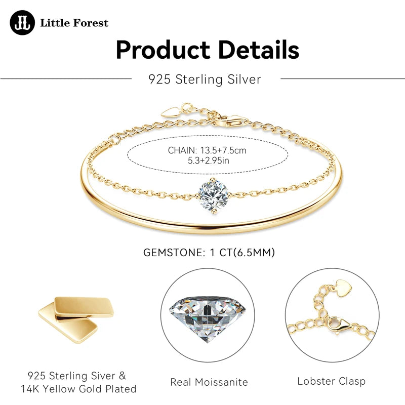 6.5mm 1.0CT Moissanite Four Claw Single Stone Bracelet for Women 925 Sterling Silver Round Cut Wedding Party Fashion Jewelry Gif