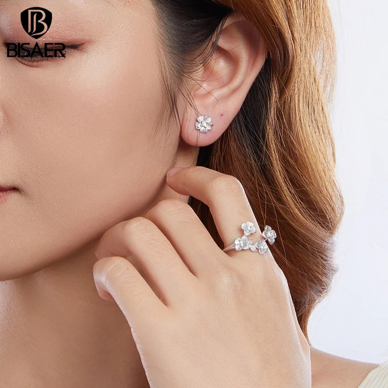BISAER 925 Sterling Silver Frosted Texture Flower Jewelry Set Zircon Stud Earrings Open Ring for OL Women Party Fine Jewelry
