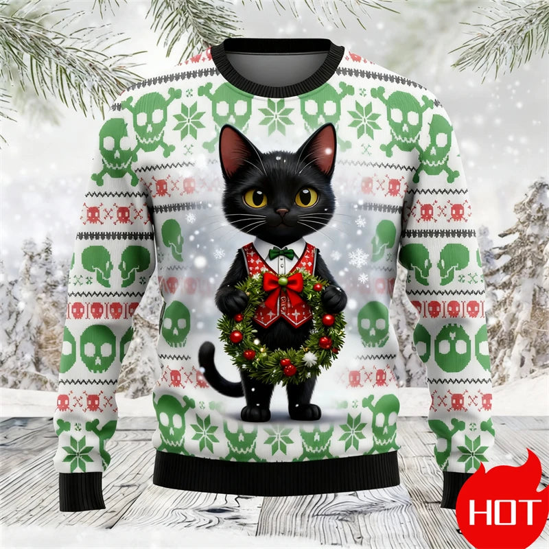 Black Cat Graphic Ugly Christmas Sweater Men Women Holiday Sweatshirt Pullover Xmas Santa 2026 Hot Sale Top Crewneck Long Sleeve
