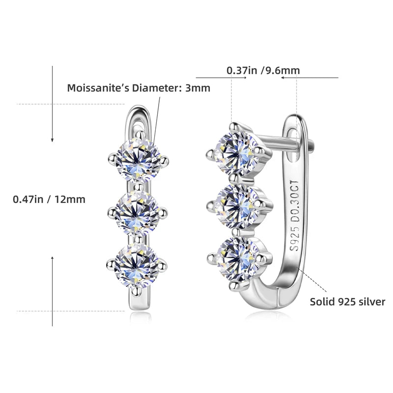 OXTAO Fashion Classic U-shaped earrings S925 Silver 3mm Moissanite Hoop Clip Earring Fine Wedding Jewelry Gift GRA Certified