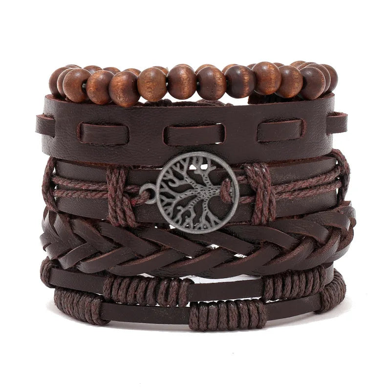 Ensemble de quatre accessoires en alliage Arbre de Vie : bracelet en cuir pour homme, perles en bois et ornement en cuir tissé à la main.