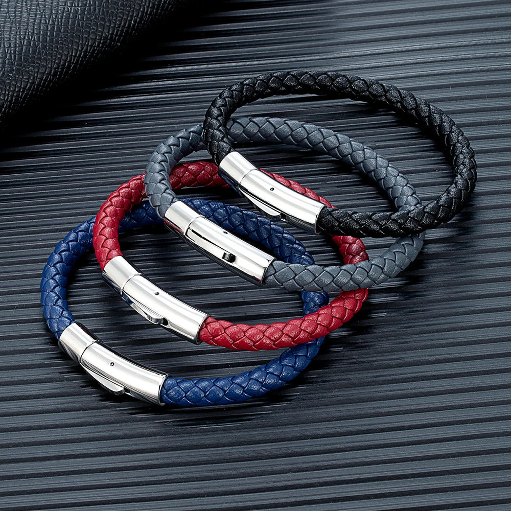 MKENDN 6 mm rotes geflochtenes Lederarmband für Damen und Herren, Edelstahlknopf, Schmuck, Unisex-Geschenk für Paare, klassisch schlichtes Design