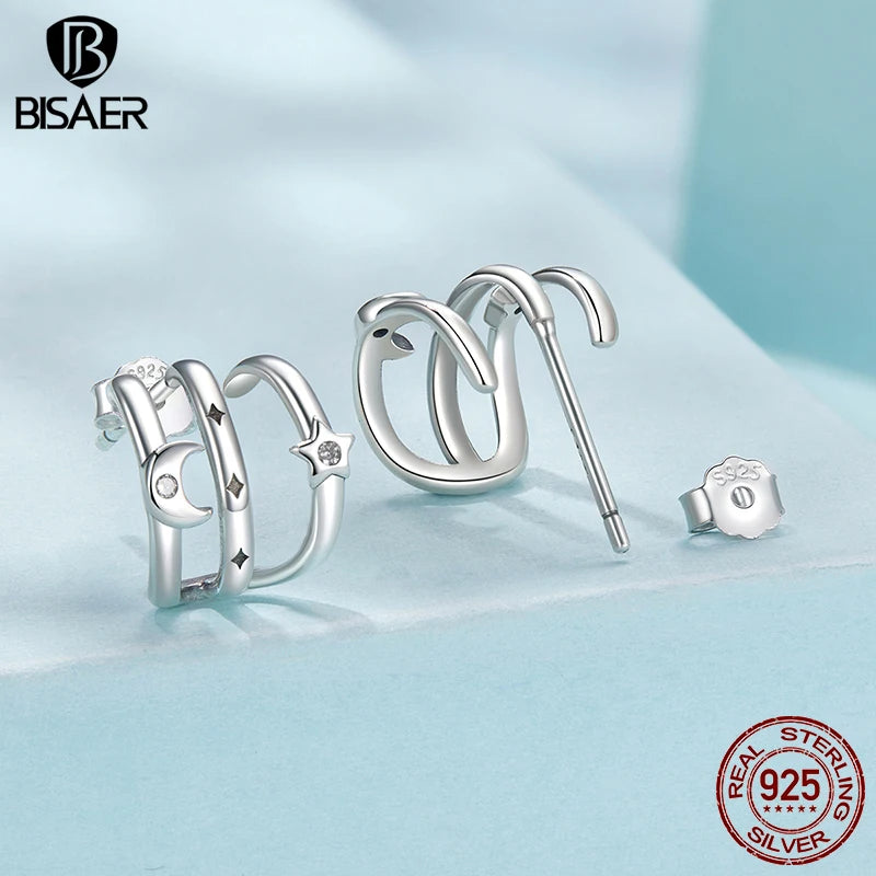 BISAER Solid 925 Sterling Silver Multi-layer Moon Star Earrings Simple Sparkling Zircon Stud Ear for Women Party Fine Jewelry