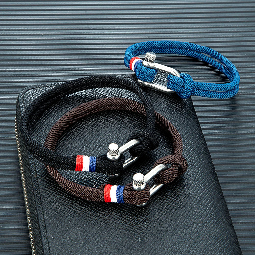 MKENDN Stainless Steel U-Shape Shackle Buckle Bracelet Men Women Handmade Woven Double-Layer Design France Flag Couple Jewelry