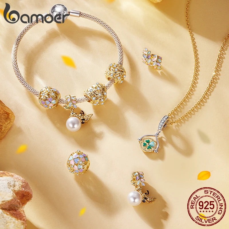 Bamoer 925 Sterling Silver Autumn Gold Leaves Charms Lucky Four-Leaf Clover Spinning Pendant for Women Bracelet DIY Jewelry Gift