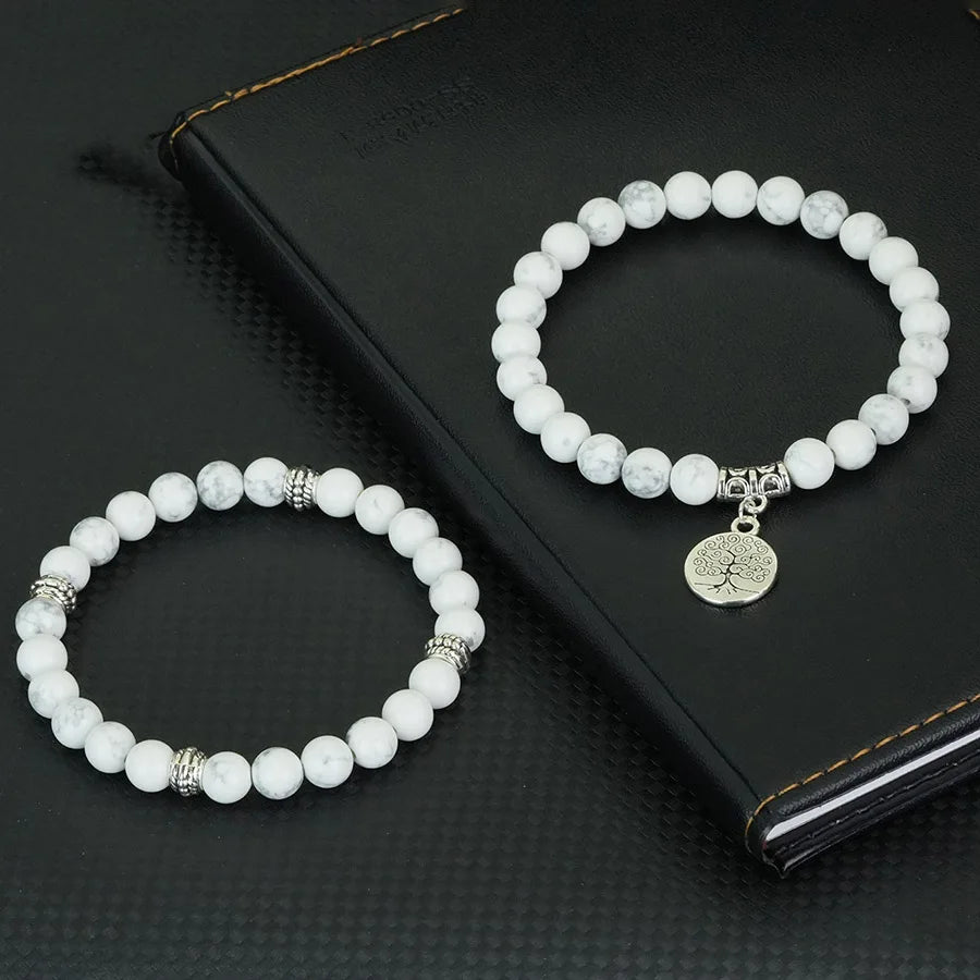 Handmade 2Pcs Men Bracelet Set Tree Of Life Braslet 8mm Lava Howlite Stone Strand Braclet Yoga Meditation Healing Jewelry Homme