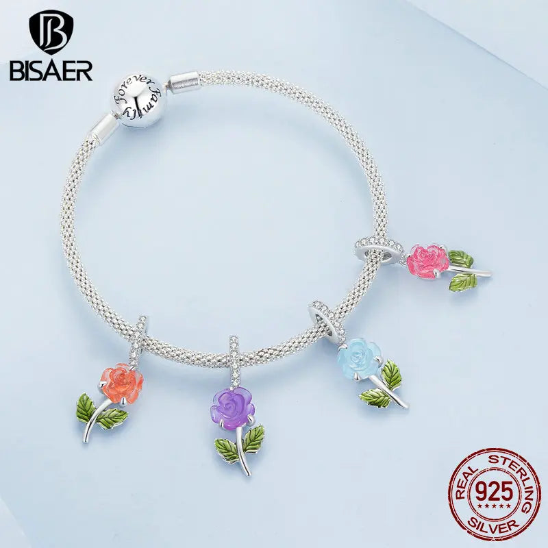BISAER Pendentif en forme de rose blanche en argent sterling 925 avec changement de rayonnement ultraviolet, 4 couleurs, pour bracelet à faire soi-même, bijoux pour femmes