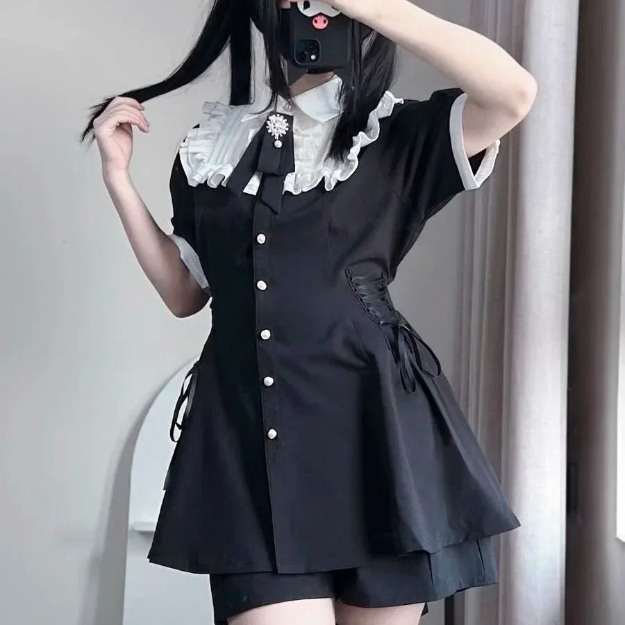 Vintage Lolita Plaid Bow Dress Shorts Set Women Gothic Cross Lace Ruffles Shirt Party Dress 2 Piece Sets Japanese Y2k Outfits