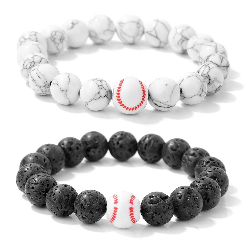 New 2Pcs Men Bracelet Set 10mm White Howlite Lava Stone Strand Braslet Basketball Football Baseball Braclet Handmade Pulseria