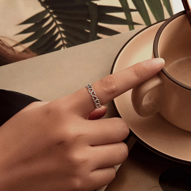 WOSTU 925 sterling Silver Hollow Heart Open Ring For Women Valentine's Jewelry Lovely Heart-shaped Stackable Rings Gift For Mom