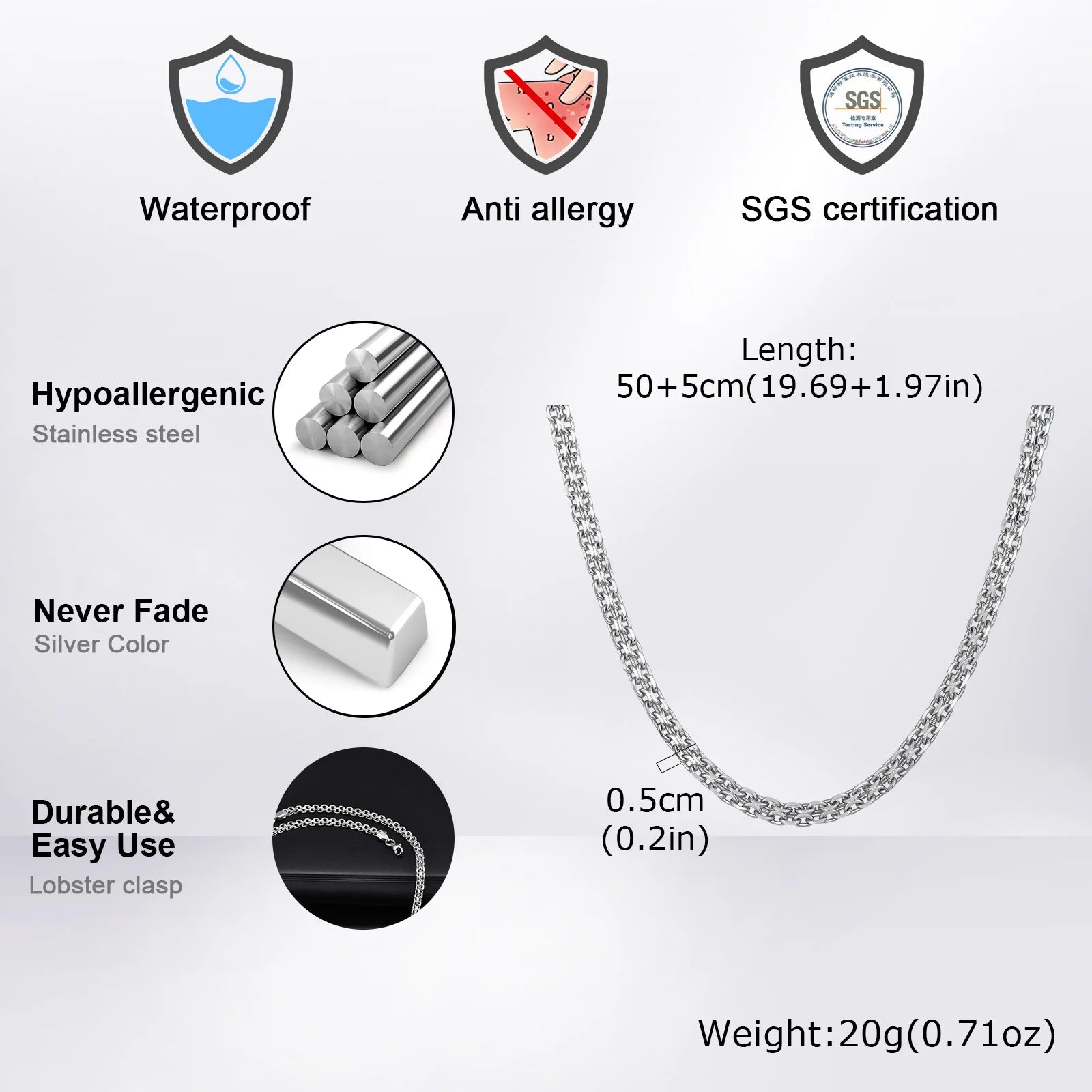 Vnox Waterproof Two Rows Stainless Steel Rolo Links Necklaces, Adjustable Silver Color Metal Links Collar Minimalist Jewelry
