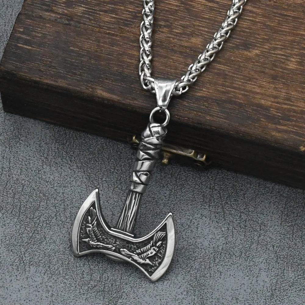 Odin Raven Double Axe Vintage Viking Pendant Stainless Steel Celt Knot Necklace Men's Scandinavian Jewelry Gift