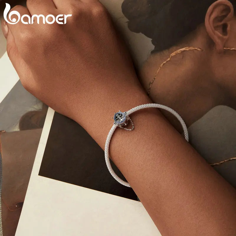 Bamoer 925 Sterling Silver Compass Pendant Enamel Blue Full Circled Zircon Beads for Women DIY Necklace Accessories Crystal Gift