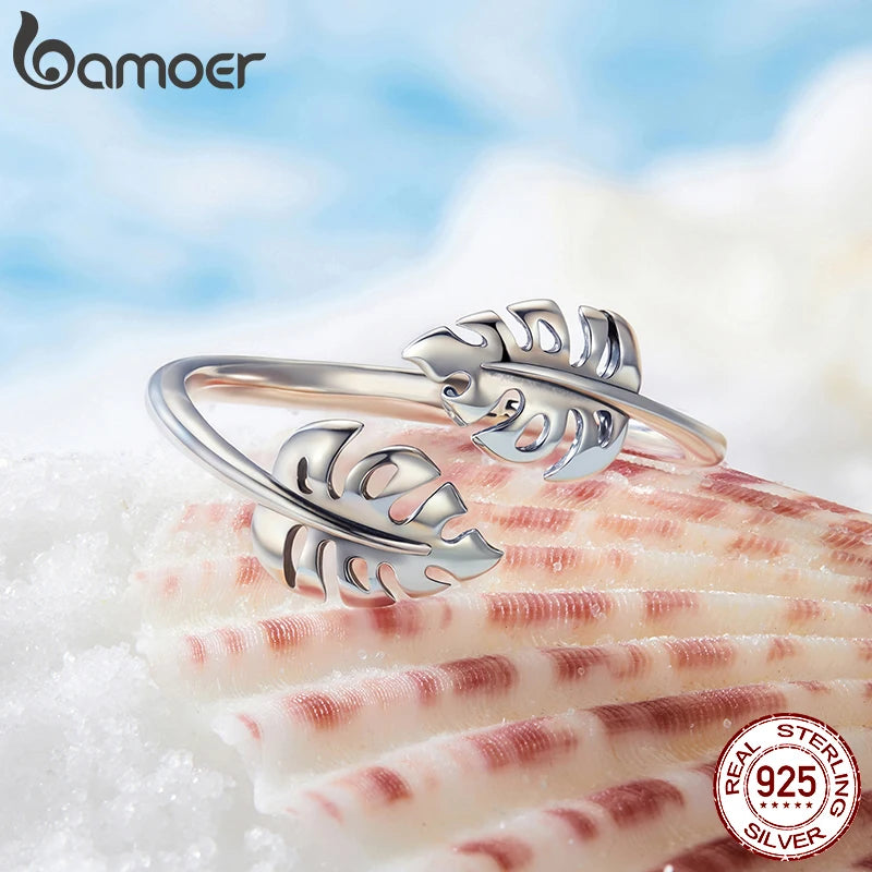 BAMOER Solid 925 Sterling Silver Leaves Ring Adjustable Stacking Finger Ring, Beautiful Leaf Jewelry For Women BSR671-E