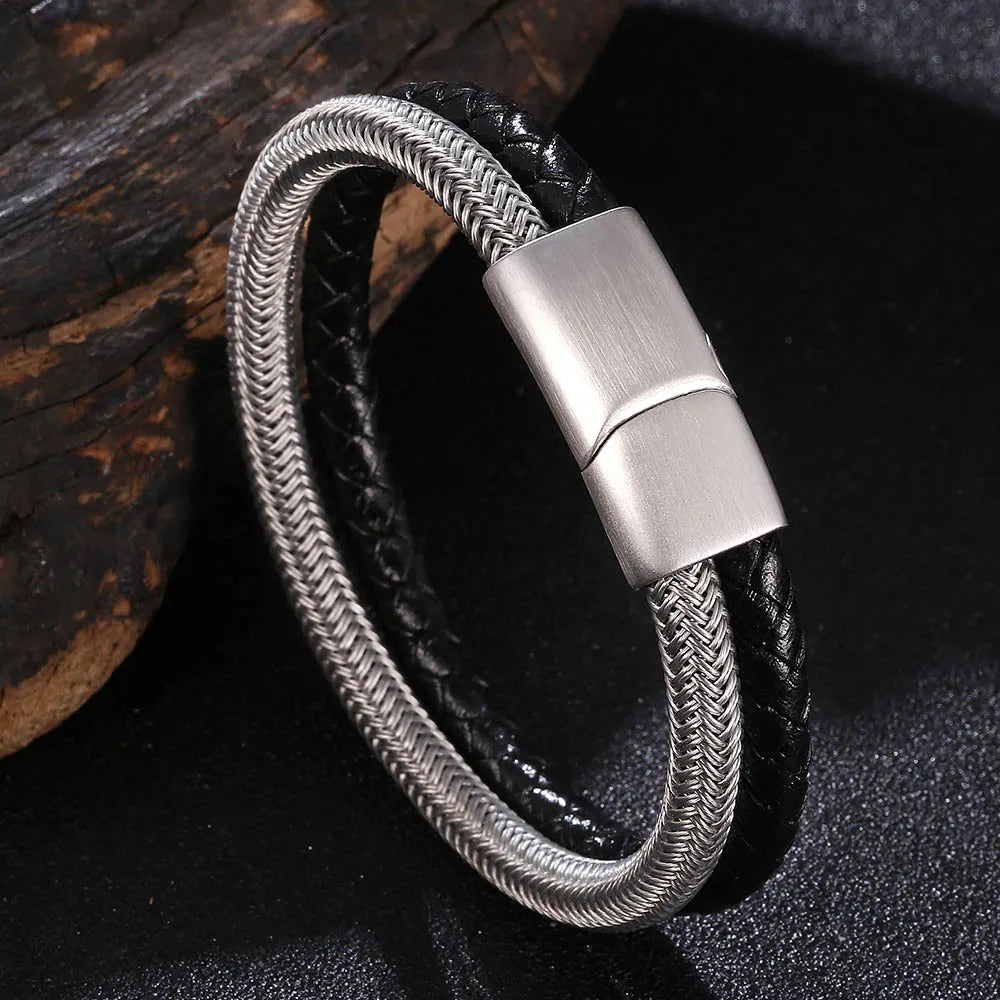 MKENDN Luxury Classic Men Jewelry No Fade 6mm Steel Wire Waterproof Rope Leather Bracelet Simple Cuff Charm Bracelet Gifts