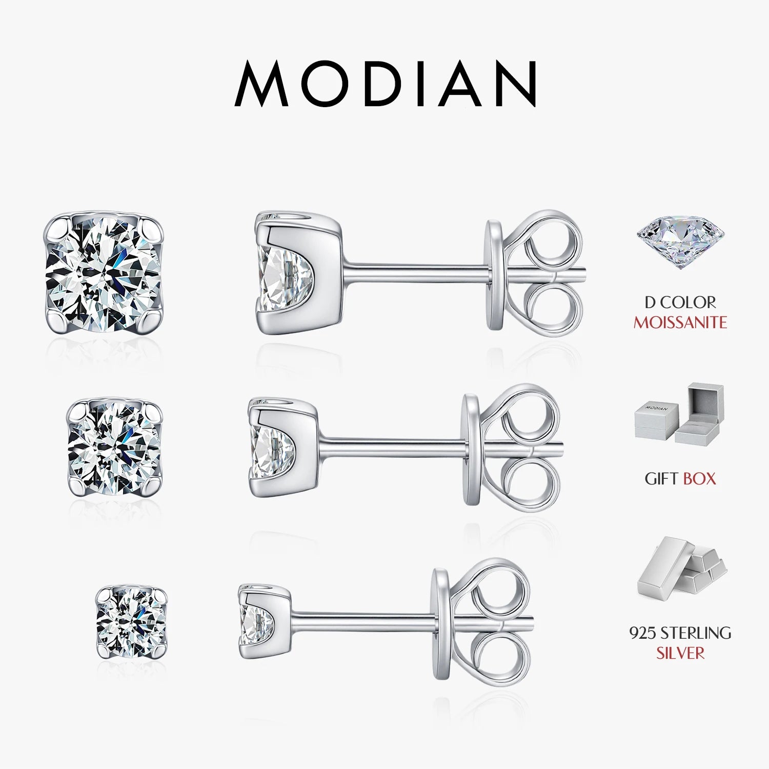 MODIAN 3MM-5MM Size D Color Moissanite 925 Sterling Silver Classic Simple Round Stud Earrings For Women Fine Stackable Jewelry