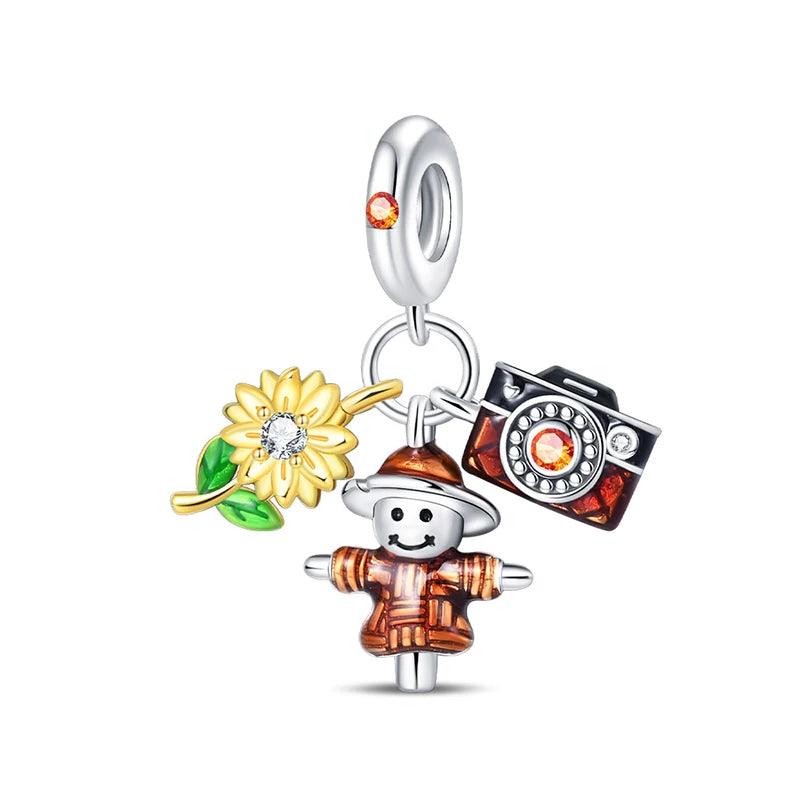 Fashion Autumn 925 Silver-Plated Squirrel Maple Leaf Pumpkin Yellow Charms Beads Fit 3mm 925 Original Bracelets DIY Jewelry