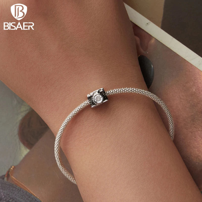 BISAER Real 925 Sterling Silver Camera Charm Bule Shiny Cameras Enamel Pendant For Women DIY Bracelet & Necklace Fine Jewelry