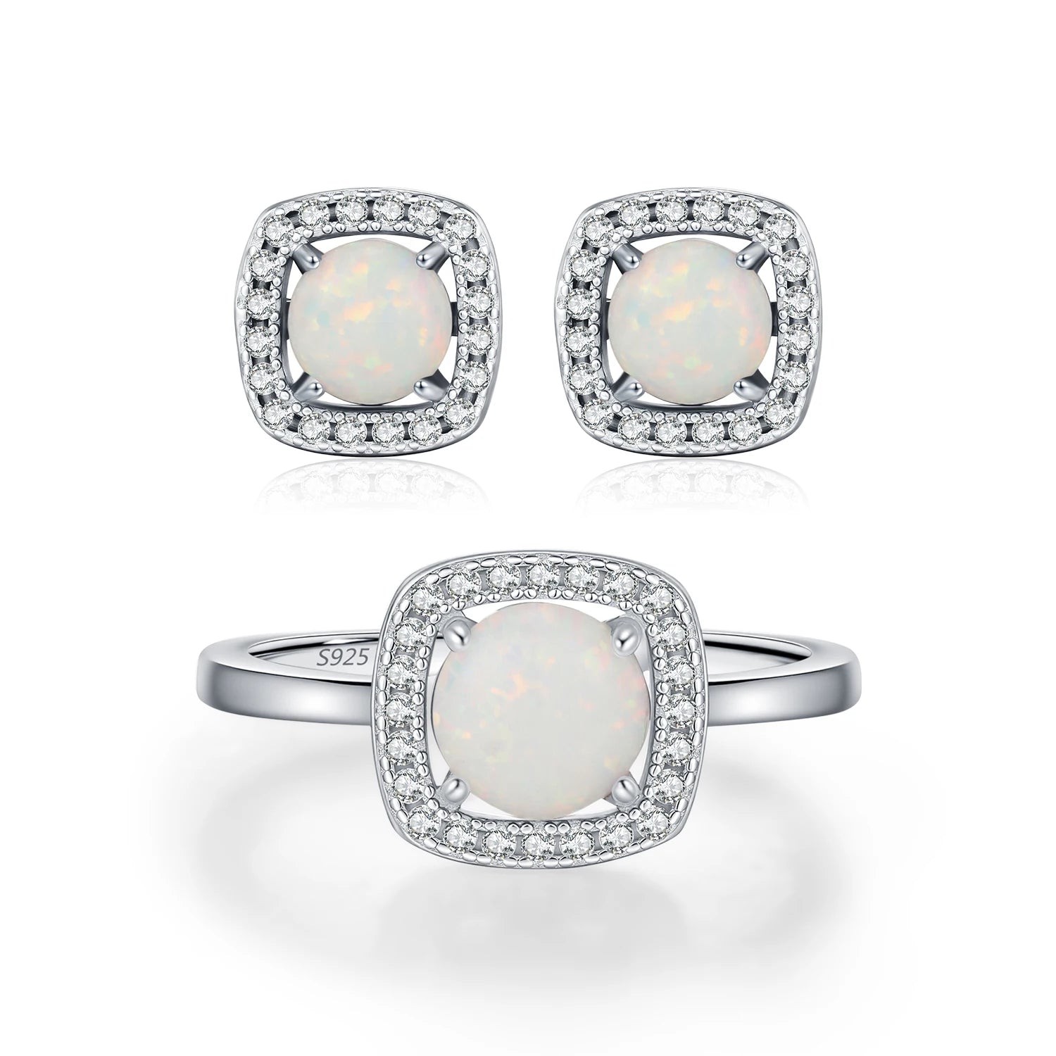MODIAN 925 Sterling Silver Luxury High-end Square Finger Rings Round Opal Stud Earrings For Women Fine Jewelry Sets