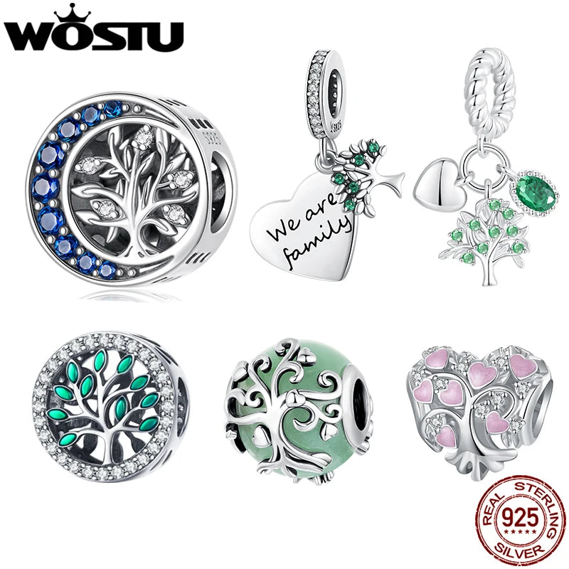 WOSTU 925 Sterling Silver Tree of Life Pendant Charms For Original Bracelet , s925 Blue CZ Moon Tree Beads Family Love Gift