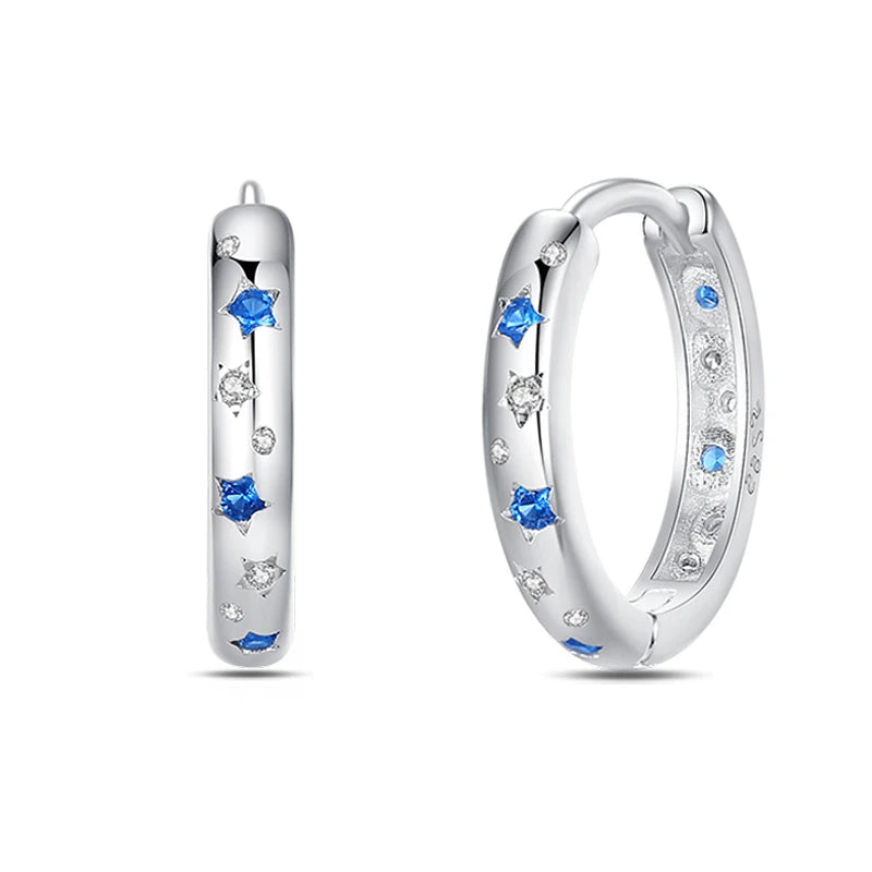 Classic Earrings 925 Silver Zircon Shiny Stars Moon Warm Sun Double Hoop Earrings For Women Original Birthday Party Jewelry Gift