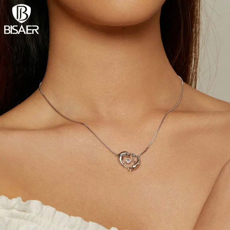 BISAER 925 Sterling Silver Seahorse Necklace Pendant Moonstone Adjustable Chain Plated Platinum Women Party Fine Jewelry EFN332