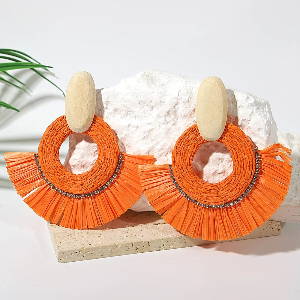 AENSOA Handmade Woven Rattan Knit Raffia Wooden Drop Earrings for Women Bohemian Circular Fan Shaped Statement Earrings Jewelry