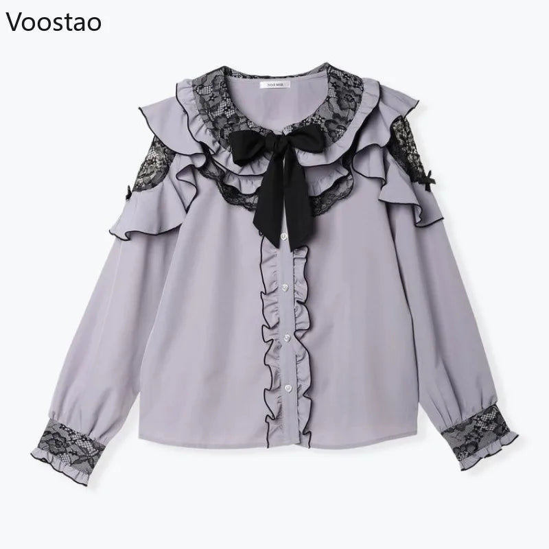 Japanese Gothic Lolita Shirt Women Y2k Aesthetic Sweet Bow Lace Ruffles Long Sleeve Blouse Women Harajuku Elegant Clothes Tops
