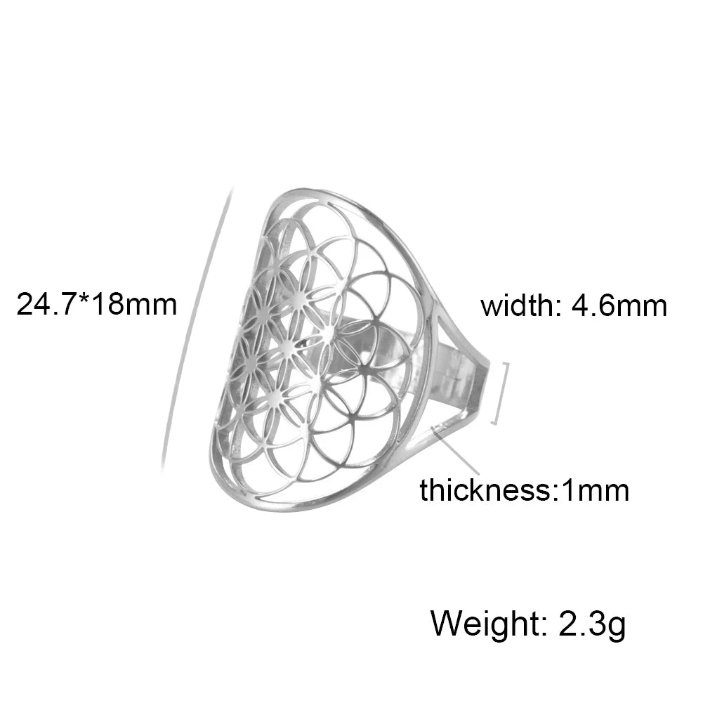 Unift Scared Geometry Flower of Life Ring Adjustable Stainless Steel Ring Men Women Accessories Vintage Filigree Viking Jewelry - Madeinsea©