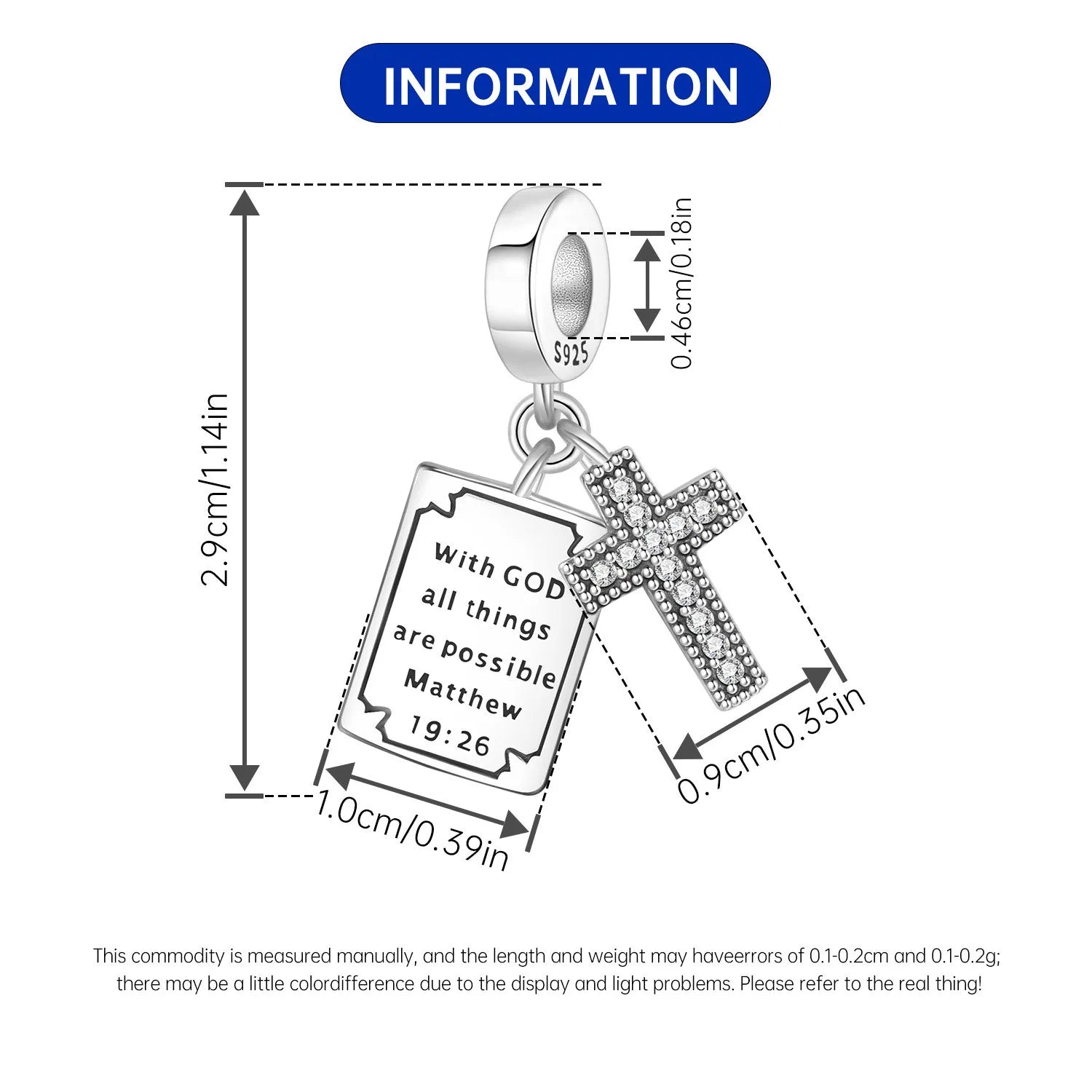 PANPOKI 925 Sterling Silver Biblical Cross Religious Symbol Beads Original Pendant Bracelet Charm Jewelry Party DIY Trendy Gift