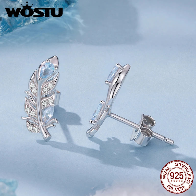 WOSTU 925 Sterling Silver Ice Blue Feather Stud Earrings For Women Winter Xmas Gift, Dainty Bohemian s925 Studs Wedding Jewelr