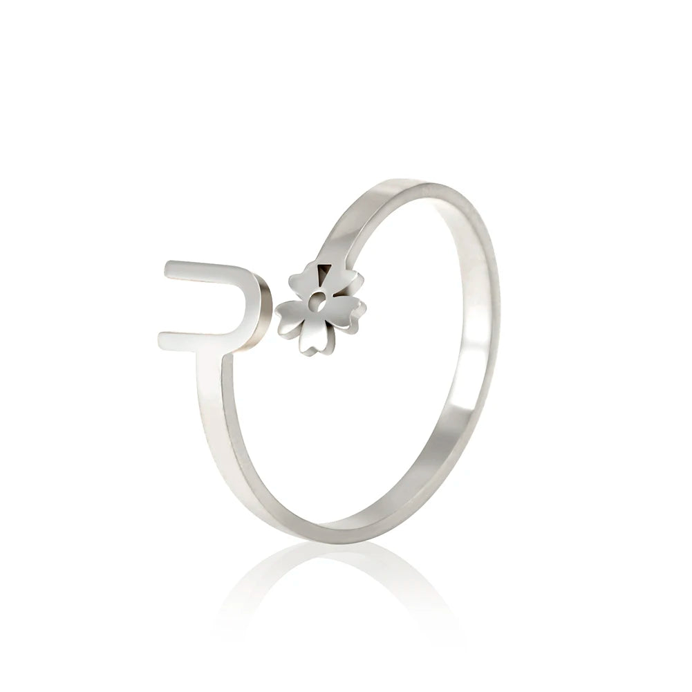 Stainless Steel Flower 26 Alphabet Open Ring for Women A-Z Initial Name Ring 2022 New Fashion Jewelry for Birthday Gift