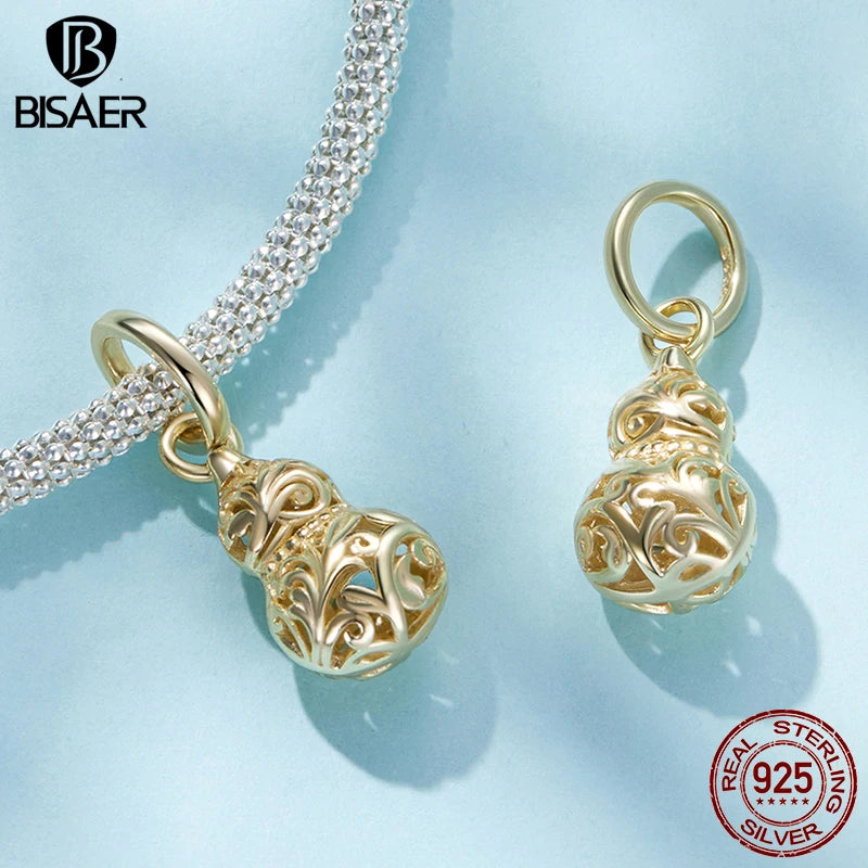 BISAER Real 925 Sterling Silver Vintage Gourd Charm Bead Hollow Pattern Pendant Plated Gold For Women DIY Bracelet Fine Jewelry
