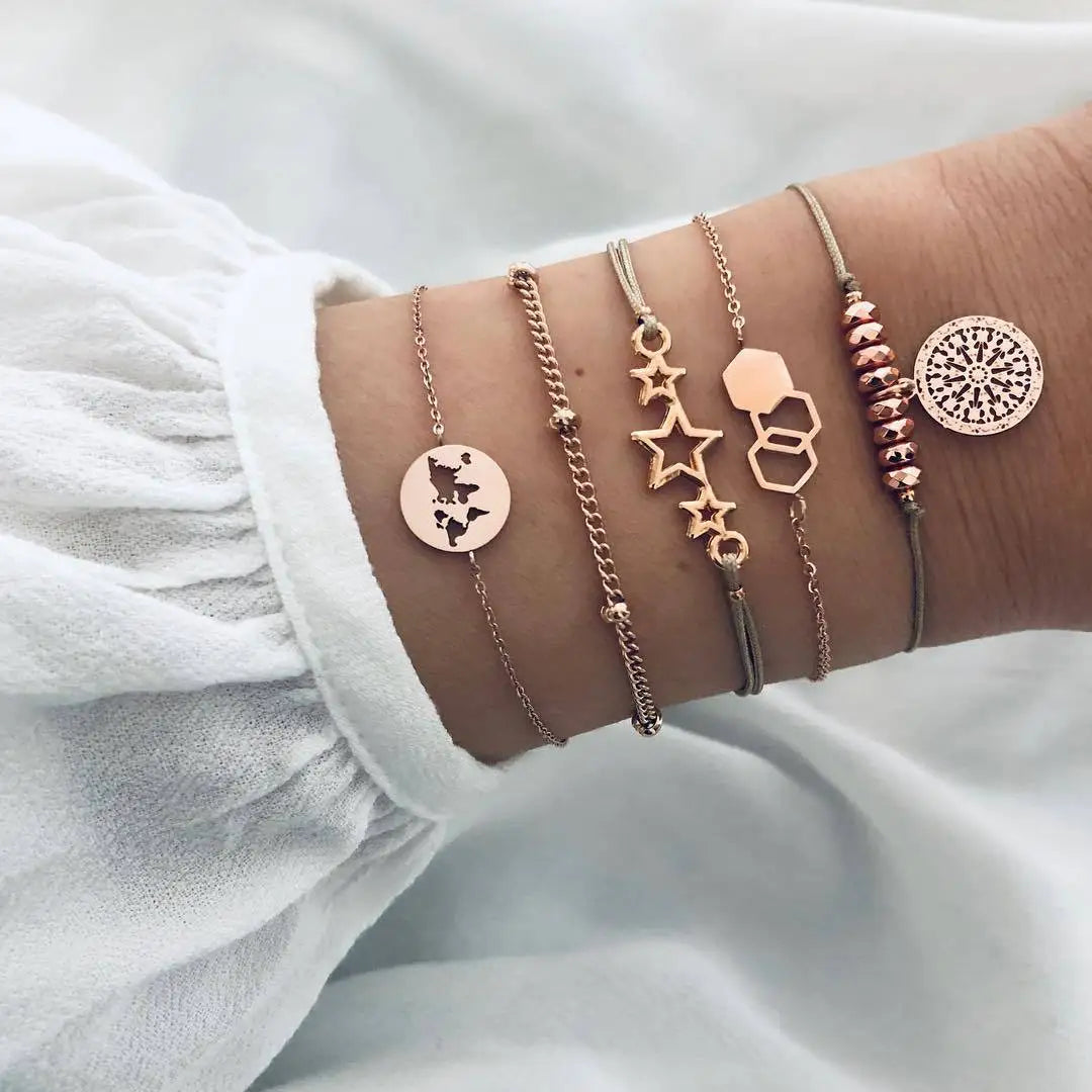 Trendy Geometric Link Chain Bracelet Set For Women Rhinestones Gold Color Leaves Heart Pendant Open Cuff Bangle Girls Jewelry - Madeinsea©