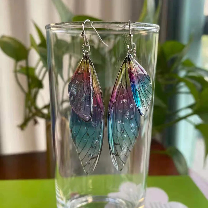 Minar Fairy Clear Gradient Resin Simulation Wings Butterfly Rhinestone Flake Long Dangle Earrings for Women Casual Party Jewelry
