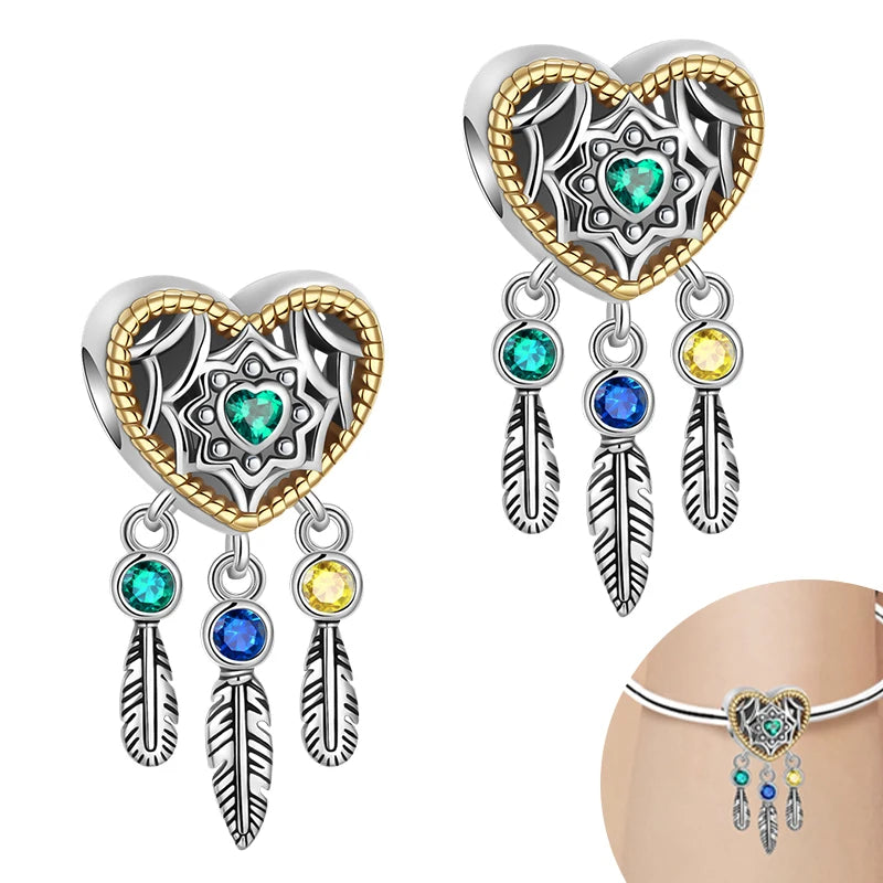 925 Sterling Silver Pendant Charms Feather Dreamcatcher Charm Bead For Original Charm Bracelet Necklace Bead DIY Jewelry Gift