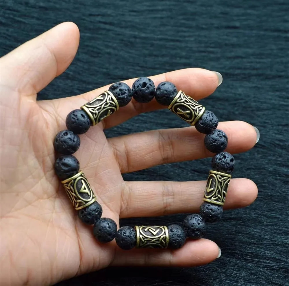 Vintage Volcano Lava Stone 10pcs Runes Beads Men Bracelet Viking Rune Bracelet Fashion Charm Jewelry Men Women Gift