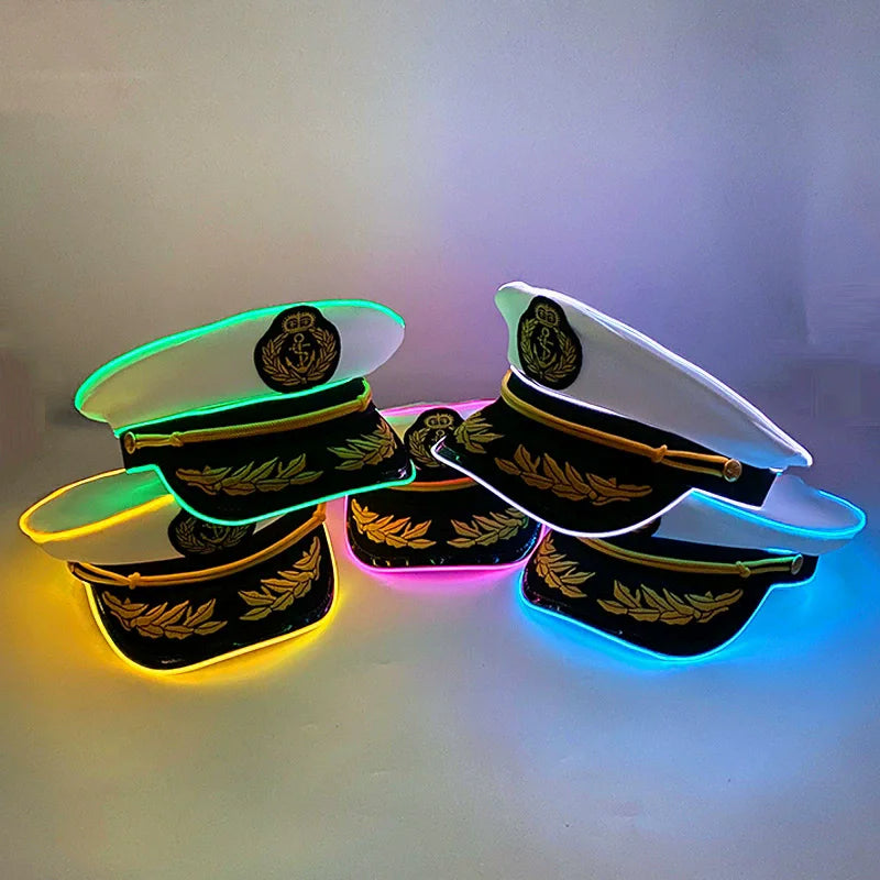 New Luminous White Sailor Captain Yacht Caps Wheat Embroidery LED Glow Navy Marine Hat Men Women Cosplay Halloween Costume Hats