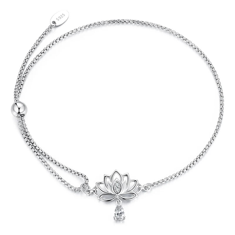 WOSTU Minimalist Lotus Flower Bracelet 925 Sterling Silver, Adjustable Chain with Cubic Zirconia Yoga Meditation Jewelry Gift