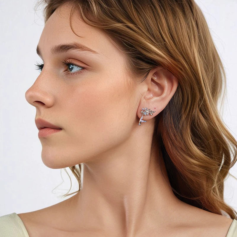 WOSTU 925 Sterling Silver Purple Flower & bird Stud Earrings For Women Spring Jewelry Gift For Family Daughter Girl Mom CQE1863