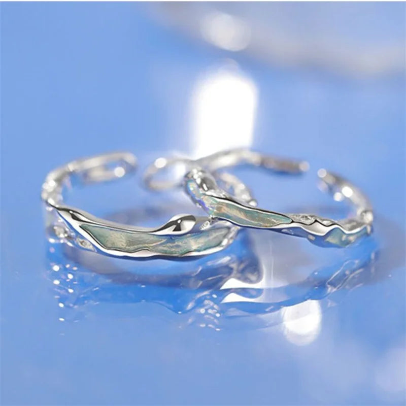 Fresh Green Irregular Ripple Dropped Adhesive Open Ring For Men Jewelry Trendy 925 Silver Couple Rings Male Finger Accessories