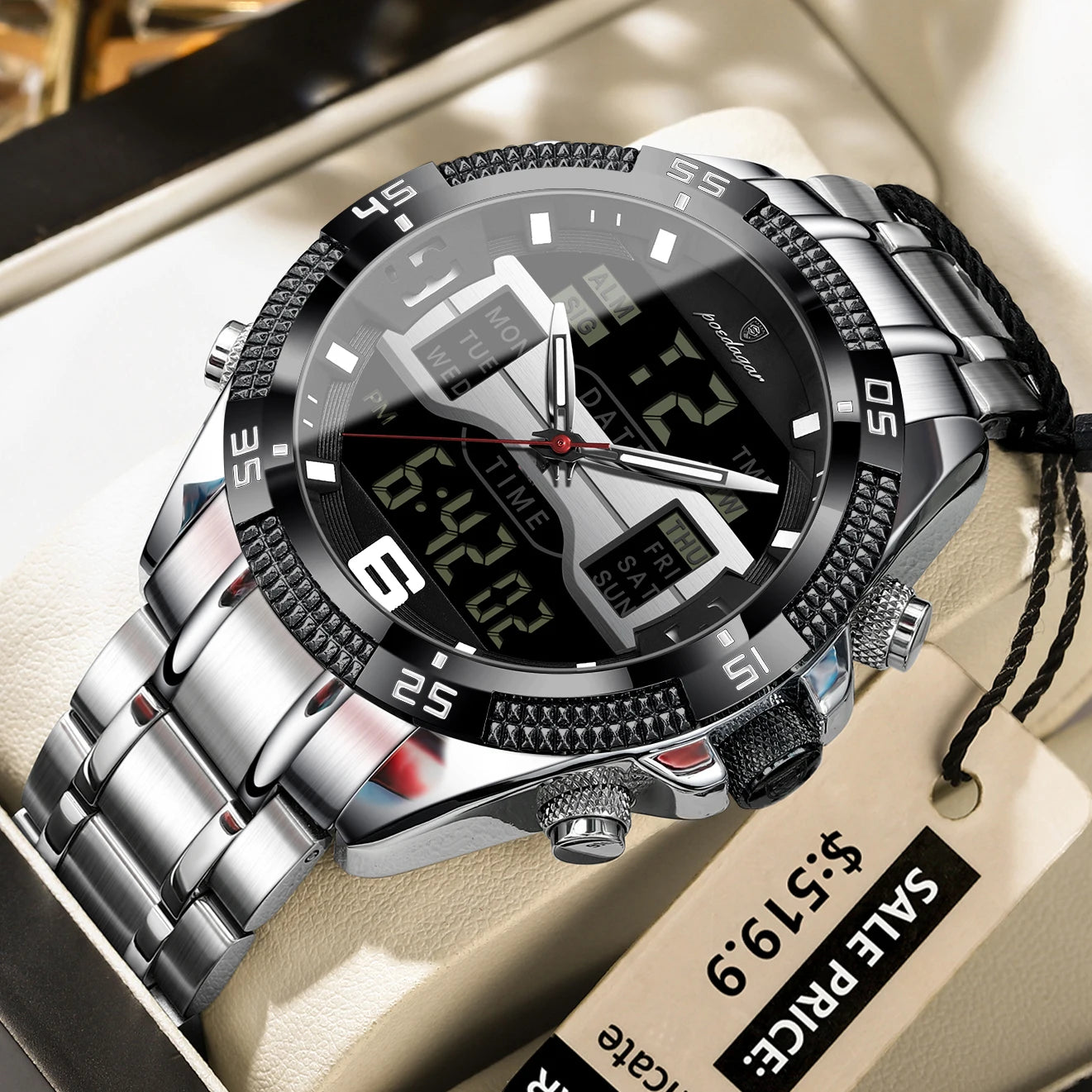 POEDAGAR Sports Luxury Man Wristwatch Dual Time Display Digital Week Date LED Luminous Men Watch Electronic Quartz Men's Watches