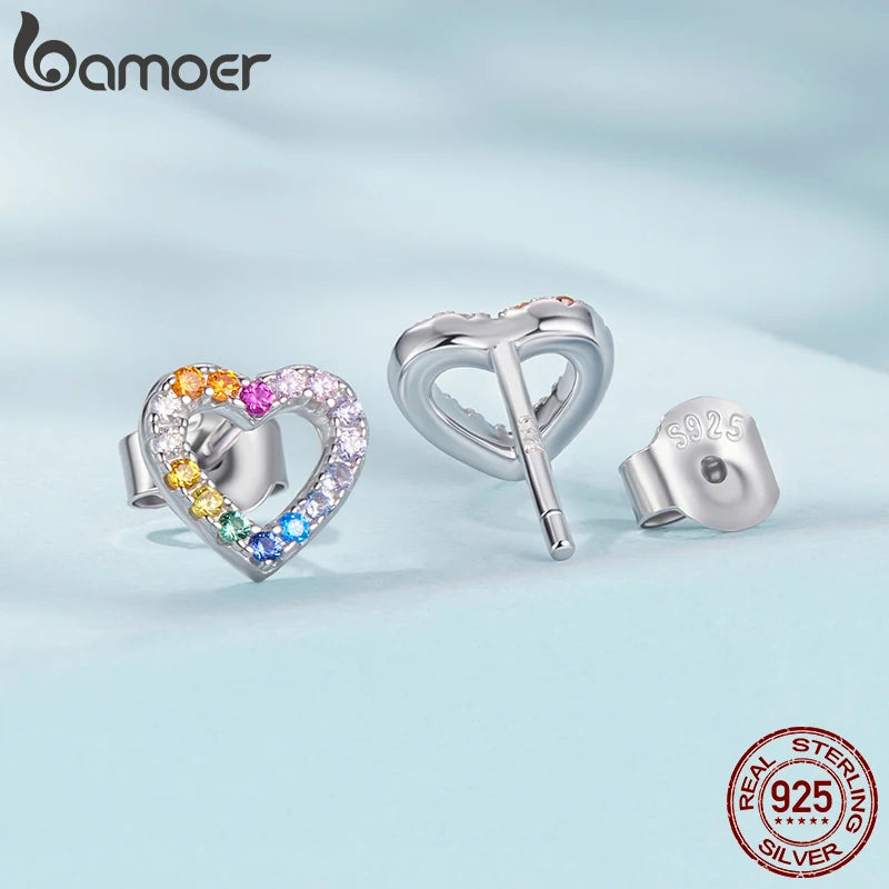 BAMOER 925 Sterling Silber Regenbogen Herz Ohrstecker für Damen, besetzt mit Zirkonia, süße Schmuckstücke, perfektes Geschenk für Paare